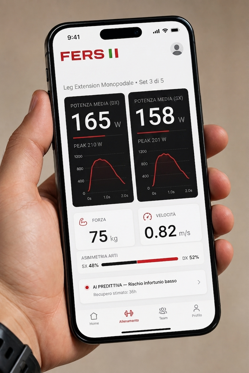 App Fers su iPhone con grafico in tempo reale di forza, potenza e asimmetrie durante una serie di allenamento