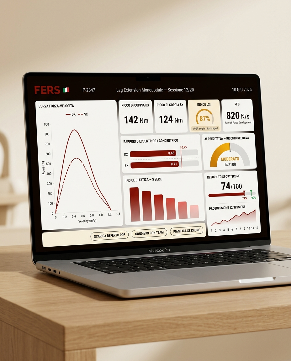 Dashboard professionale FERS PRO: curva forza-velocità, indice LSI, picco di coppia, RFD e return to sport score per fisioterapisti